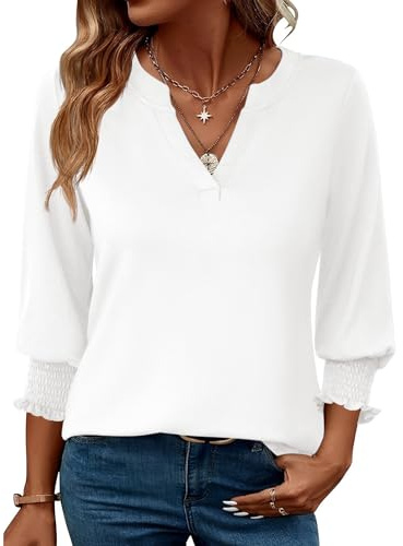 Rapbin Blusa para mujer de manga 3/4 con cuello en V, túnica, tops de verano, holgada, elegante, informal, parte superior 2025, Blanco, XL