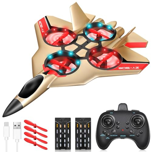 JONRRYIN RC Flugzeug für Kinder, 2,4 GHz Ferngesteuertes Flugzeugmodell mit LED, RC Flugzeug mit 4 Achsen Gyro Stabilisator für Kinder und Anfänger (Gold)