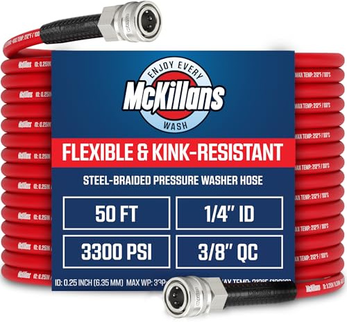 McKillans® QC Installed Pressure Washer Hose 50 ft - Flexible & Kink-Resistant - Steel-Braided & Durable- 3/8 QC Pre-Installed Stainless Steel - Power Washer Hose - High Pressure 1/4 Inner Diameter