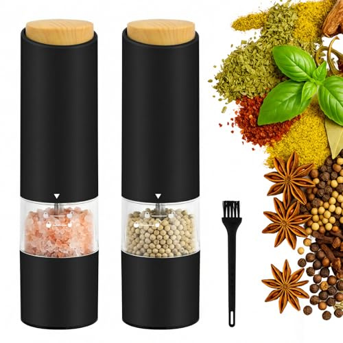 Focenat 2 Paquetes Pimentero electrico,Molinillo Pimienta electrico,Salt and pepper grinder set,Salero y pimentero,Tosquedad Ajustable,Luz LED,Para Barbacoa,Cocina (Negro)
