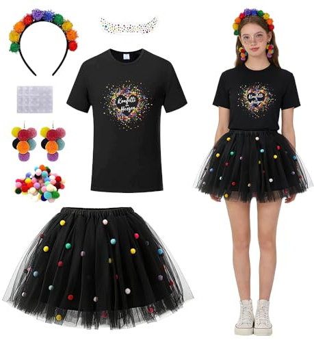 Yi'antai Konfetti Kostüm Damen, Karneval Kostüm Damen, Karneval Clown Kostüm Outfit, Haarreif Ohrringe Gesichtsaufkleber und Fußhülle, Fasching Karneval Kostüme