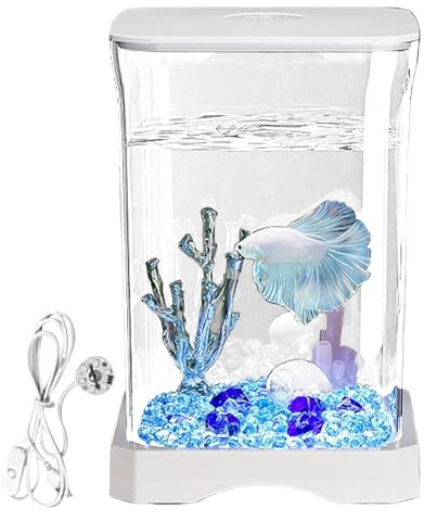 Small Fish Tank - 280g Acrylic Betta Bowl, LED Desktop Aquarium, Water Landscape Container, Shrimp Crab Habitat, Spider Fish Decor, Mini Fishs Aquarium for Desktop Home Office Aquariums Table