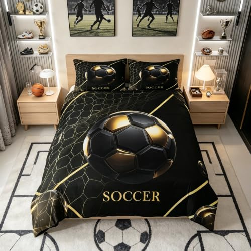 Homemissing Soccer Bettwäsche Set 135x200cm Football Bettwäsche-Set mit Reißverschluss Soccer Ball Game Bettbezug Schwarz and Gold mit 1 Kissenbezug