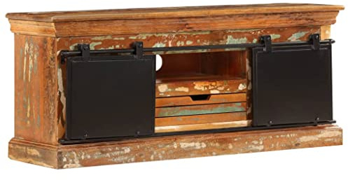 Todiikf TV Board 110x30x45 cm aus massivem Altholz Vintage | Retro Fernsehschrank mit Schiebetüren & Schublade | Langlebiges TV Lowboard Wohnzimmer Industrie Chic für Living Room
