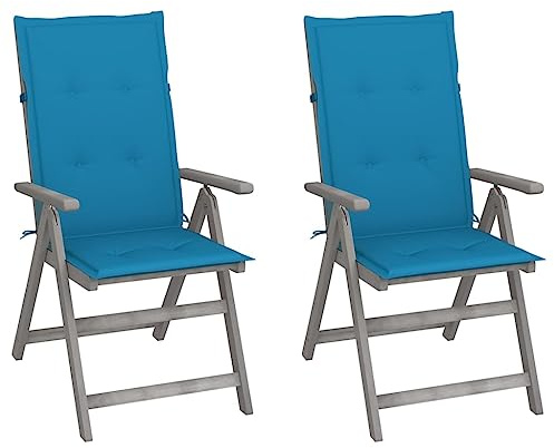 Qnhdfrt Lot de 2 chaises de jardin réglables en acacia massif 57 x 69 x 110 cm - Gris laqué - Coussins bleus en polyester robuste - 5 positions - Pour terrasse, balcon, jardin
