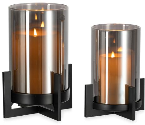 Staymoment Windlicht Schwarz Deko Wohnzimmer, 2er Set Windlichter Outdoor | Moderne Tischdeko, Kerzenständer aus Glas und Metall, Deko für Badezimmer, Garten, Windlichter für Draußen & Drinnen