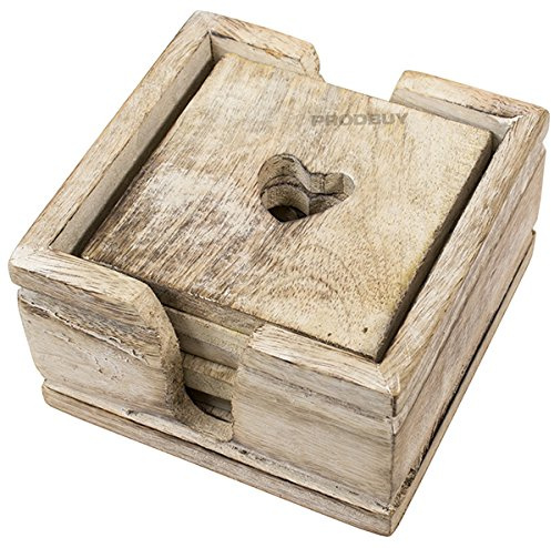 ProdBuy Limited Set of 6 Square Carved Heart Coasters with Holder