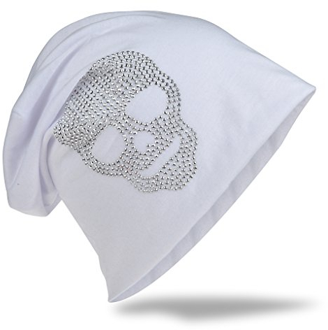 Miobo Slouch Beanie Mütze, Long, Totenkopf Motiv, Herren Damen,StrassTK-Weiss