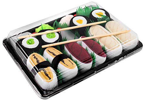 Rainbow Socks - Woman Man Sushi Socks Box Tamago Butterfish Cucumber Maki - 5 Pairs - Size 7,5-11