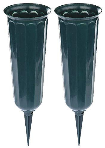 2 x Cemetery Vases – Weather Resistant Durable Green Plastic Spiked Memorial Grave Vase for Fresh or Artificial Flower Arrangements & Bouquets - Each Measure H25.5 x 7.5cm Diameter