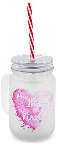 printplanet® - Trinkglas mit Henkel und Strohhalm - personalisiert mit Namen - Motiv Painted Heart - Henkel-Glas satiniert mit Deckel und Mehrweg-Trinkhalm