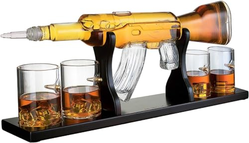 The Wine Savant Pistolet à décanter grand ensemble de verres à balles - Édition limitée Carafe à whisky élégante pour fusil 22,5 1000 ml avec 4 verres à whisky Bullet et base en bois d'acajou
