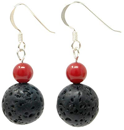 Ohrhänger aus Lava & Koralle schwarz-rot 925 Silber Ohrringe Ohrschmuck Ohrhaken