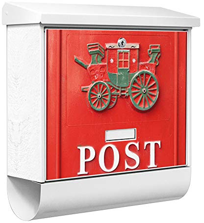 banjado® Burgwächter Briefkasten Weiß 38x39x12cm mit Motiv Nostalgie Post/Briefkasten mit Zeitungsfach/Briefkasten mit Zeitungsrolle/Postkasten inkl. Montagematerial & 2 Schlüsseln