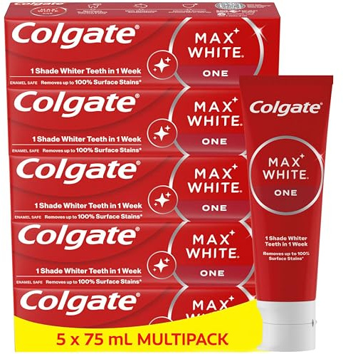 Colgate Max White One Whitening Toothpaste 5 x 75ml | Clinically Proven Formula That Removes up to 100% of Surface Stains | 1 Shade Whiter in 1 Week | Teeth whitening Toothpaste | Fluoride Toothpaste