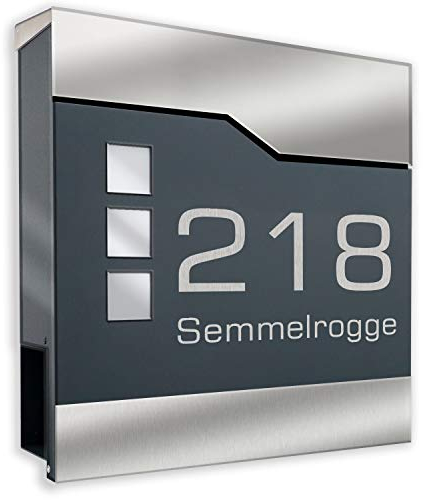 Zalafino Briefkasten anthrazit RAL 7016 mit Beschriftung - individualisierbarer Design-Briefkasten aus pulverbeschichtetem Stahl mit Zeitungsrolle und 3 Sichtfeldern