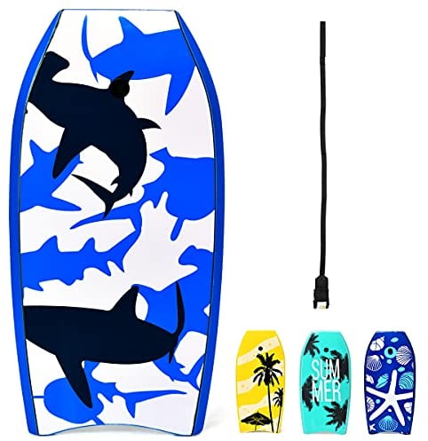 RELAX4LIFE Schwimmbrett tragbar, Schwimmboard mit Halteleine, Rutschfestes Surfbrett für Kinder & Erwachsene, Surfboard bis 85 kg belastbar, Bodyboard Shortboard, 104 x 52 x 6cm, XPE HDPE (Blau)