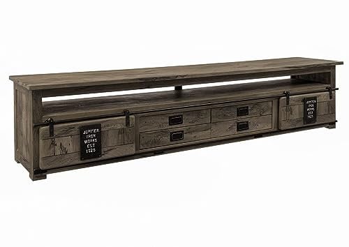 MASSIVMOEBEL24.DE | Railway - massives TV-Board grau, lackiert | aus Mangoholz | mit Schiebtüren + Eisenelementen | 260x50x60 | 4 Schubladen - 3 offene Regalfächer | Lowboard