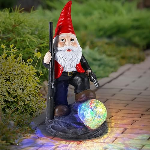 PERFECTOP Large Garden Gnome Statue with Guns, Solar Military Army Soldier Guardian Hunter Gnome Garden Decoration Figurine Lights, Outdoor Patio Yard Lawn Porch Decor, Valentine's Day Men Gift