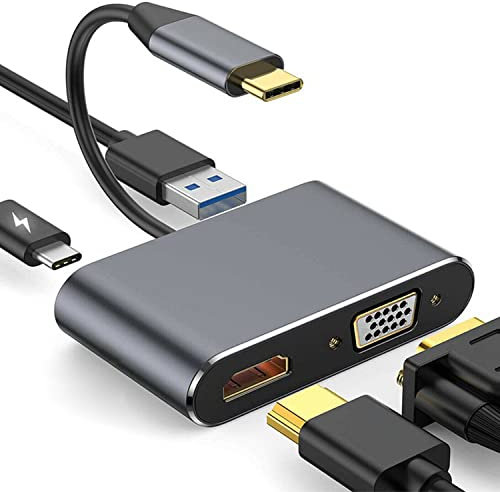 YRRNAE Adaptateur Multiport USB C vers HDMI VGA, Hub USB Type C 4 en 1 vers 4K HDMI/VGA/USB3.0/PD, Compatible avec MacBook Pro, MacBook Air, iPad Pro, Pixelbook, XPS et