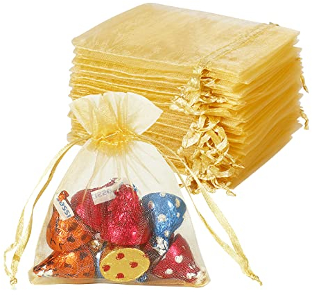 100PCS Gold Organza Bags Small, 8X10cm Small Netbags Drawstring Little Mesh Bags for Gifts/Wedding Favour/Christmas/Jewelry/Bracelet Packaging, Wedding Favourbags