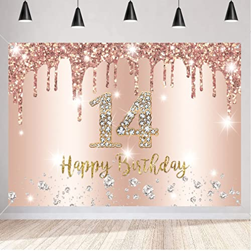 Happy 14th Birthday Backdrop Banner Party Decoration for Girl Happy 14 Years Old Fabric Sign Poster, Glitter Rose Pink Photography Background Fourteenth Birthday Party Supplies, 150x90cm