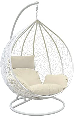 Rattan Swing Egg Chair Garden Patio Furniture Indoor Outdoor Hanging Egg Chair Swing Hammock Seat White Lounge Chair with Sturdy Steel Frame and White Cushion