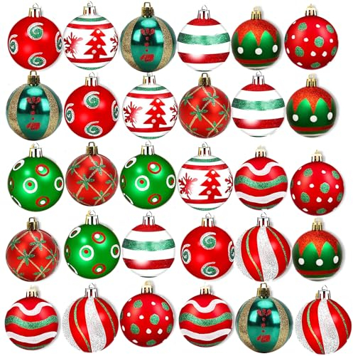 Weihnachtskugeln Weihnachtsbaumschmuck Set,30 Stück 60mm Kunststoff Weihnachtsbaumkugeln mit Aufhänger Weihnachtsbaum für Weihnachten Hochzeit Party (Rot Grun Weiß)