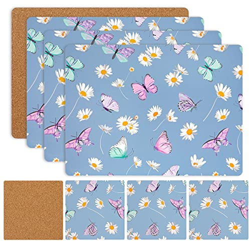 Placemats Coasters Set 8 Heat Resistant Waterproof Non-Slip Cork Table Mats Dining Kitchen Indoor Outdoor Easy to Clean Wipeable Place Mats 21.5 x 29cm Coasters 10x10cm (Butterfly Daisy)