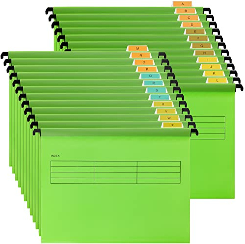 MUKLEI 24 Pack A4 Suspension Files, Filing Cabinet Suspension Files, Hanging File Folders with Tabs, Card Inserts, A4 Hanging Filing Storage Interior Folders for Office, Home, School, Green
