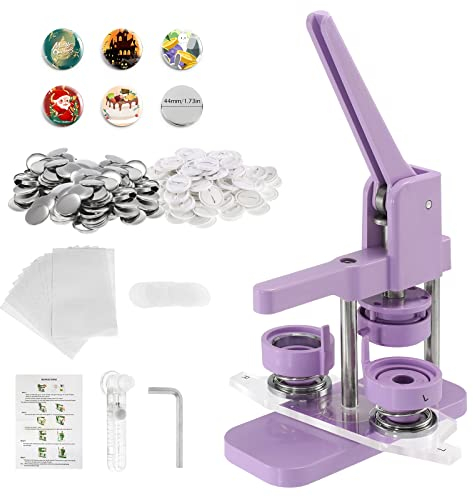 Dyna-Living Buttonmaschine, Abzeichen Button Maker 44mm/1.73in, DIY Badge Press Machine mit 100 Zubehörteilen & Kreisschneider, Drehbare Violett Rohlinge Buttonrohlinge machen Badge Maker Maschine