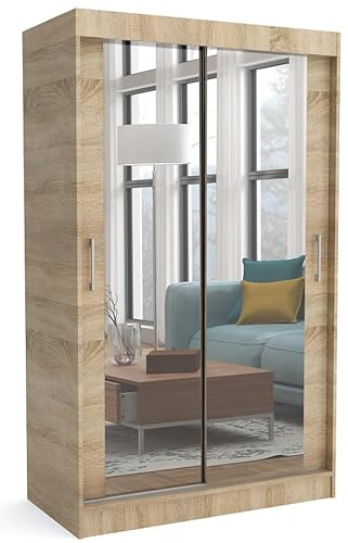 Brent - Kleiderschrank mit Schiebetüren Windsor David I 100x200x60 cm I mit Spiegel, Stangen und Einlegeböden für Kleidung I Laminierte Spanplatte I Aluminiumschienen I Eiche Sonoma