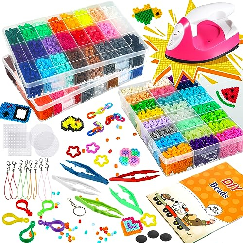 Yuxung 118 Pcs Fuse Beads Set Including 72 Colors 12600 Beads Portable Mini Iron 5 Pegboards 5 Iron Paper 5 Adhesive Magnetic Discs 5 Tweezers 16 Keychains 8 Key Ropes with Hooks Booklet for Kids