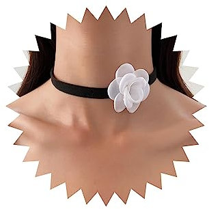 Wendalern Black Velvet Flower Choker Necklace Vintage White Rose Flower Collar Necklace Satin Camellia Flower Lace-up Necklace Gothic Short Velvet Chain Choker Necklace Costume Jewelry for Women Girls