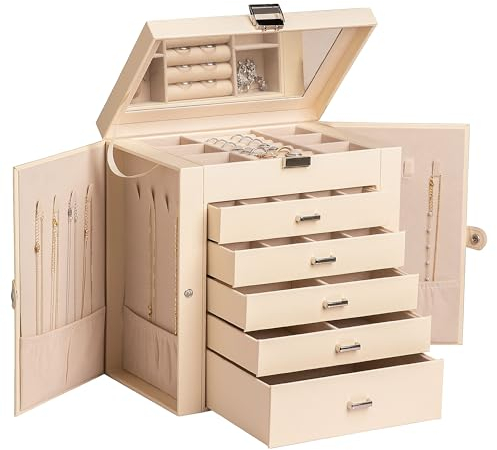 Frebeauty Große Schmuckschatulle, 6-stöckig, PU-Leder, Schmuck-Organizer, multifunktionale Aufbewahrungsbox mit Spiegel, Zubehörhalter mit 5 Schubladen für Halsketten, Armbänder, Uhren (Beige)