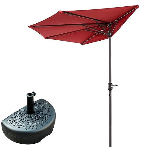 Sombrillas grandes de patio de 10 pies con base incluida, sombrilla de mesa de mercado media redonda para exteriores con manivela para pared y balcón, rosso