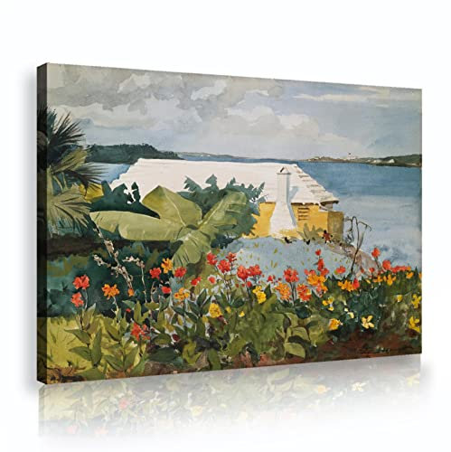 LEFEDA Blumengarten und Bungalow Bermuda Leinwanddrucke von Winslow Homer Berühmte Gemälde Reproduktion Wandkunst für Schlafzimmer Wohnkultur 60x90cm Innenrahmen