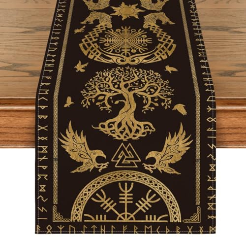 Artoid Mode Gold Wikinger Baum des Lebens Rabe Helm der Ehrfurcht Tischläufer, Saisonnal Tisch Dekoration Drinnen Urlaub Party Dekor 40x140 cm