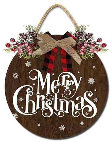 Horienteeon Corona de decoración de Feliz Navidad, letrero de Feliz Navidad para puerta delantera, decoración rústica de madera para puerta delantera, porche, ventana, pared, granja, decoración