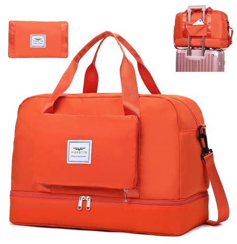 FIORETTO Faltbare Damen-Reisetasche, Wochenend-Krankenhaus-Übernachtungstasche mit Schuhfach und Nassfach, Wasserabweisende Sporttasche Handgepäcktasche Orange