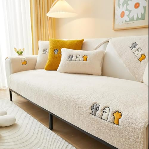 Neue weiche Sofa Kissenbezüge - Rutschfeste Sofaabdeckungen 1 2 3 4 Sitzer Couchabdeckungen, Warme Plüsch Kunstpelz Berber Fleece Ecke Sofa Kissen Abdeckung L Form Möbelschutz (Weiß 90x240)