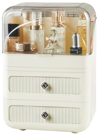 RMAN® Porta Trucchi Organizer Antipolvere con 2 Cassetti Organizzatore Cosmetici in Plastica Organizer Makeup da Bagno per Skincare, Rossetto, Profumo, Bianco