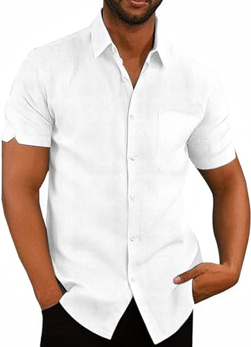 Friptspyg Uomo Camicia Lino Cotone a Maniche Corte vestibilità Regolare Casual Camicie Estive con Tasca, Bianco L