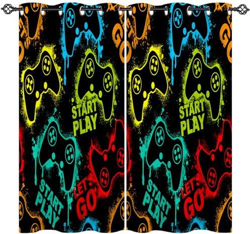 ANHOPE Gaming Curtains Eyelet 80% Blackout Curtains Abstract Colorful Gamepad Joystick Game Print Pattern Thermal Insulated Window Drapes for Kids Boys Bedroom Living Room 55 x 63 Inch Drop 2 Panels
