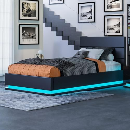 Gas Lift Ottoman Storage Bed Frame,4FT Small Double Bed Frame with Storage,Wooden Ottoman with LED Lights, Faux Leather (Black, Small Double)