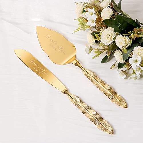 Cake Cutting Set for Wedding, Personalized Gold Cake Knife and Server Set, Custom Cake Serving Set, Engraved Pastry Pie Server Cake Pizza Cutter, Christmas Birthday Bridal Gift (Feather)
