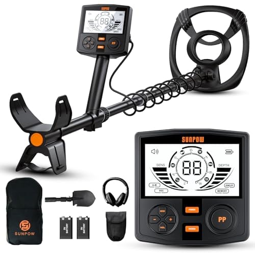 SUNPOW Metal Detector per Adulti Professionale - Alta Precisione, Bobina Impermeabile 12, LCD Retroilluminato 2X, Chip DSP Avanzato, 5 Modalità, Lunghezza Regolabile, Struttura Robusta - OTMD14