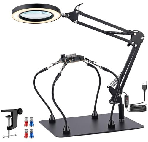 YGiTK Magnetic Helping Hands Soldering Station with an 30 X 25cm Larger Base, Magnifying Glass with Light and Stand, 4PCS Magnetic Pillar & Flexible Arms LED Magnifying Desk Lamp for Hand Work