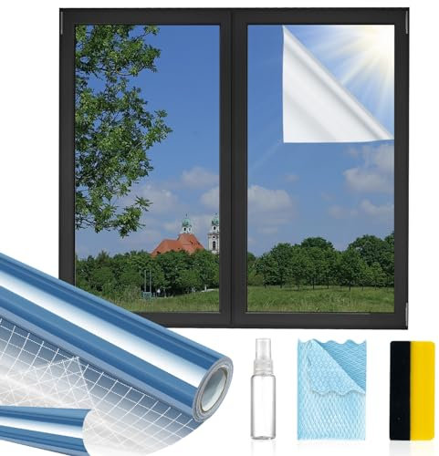 Sichtschutzfolie für Fenster, Einwegfolie, reflektierende Spiegelfolie, Tagesschutz, UV-Sonnenblockierung, Wärmeregulierung, statische Haftung, Fenstertönung für Zuhause, Büro, Blau-Silber, 75 cm x