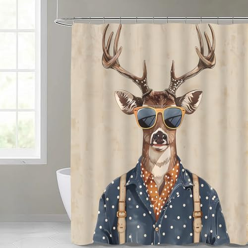 MIEPOS Cooler Hirsch-Duschvorhang für Badezimmer, Heimdekoration, witzig mit Sonnenbrille und gepunktetem Hemd, lustige Tiervorhänge, 182,9 x 182,9 cm, mit 12 Haken, wasserdichtes Polyestergewebe,
